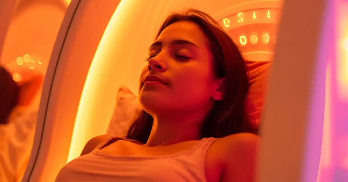 A woman lying with eyes closed inside a futuristic, glowing orange-and-red wellness pod at a Full-Spectrum Infrared Sauna in Waunakee, WI.